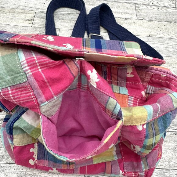 Women's Disney Parks Pink Plaid Patchwork Mickey Mouse Silhouette Mini Backpack - Picture 3 of 9